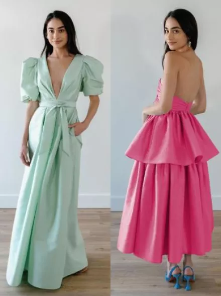 By Watters summer wedding guest dresses in light blue and hot pink